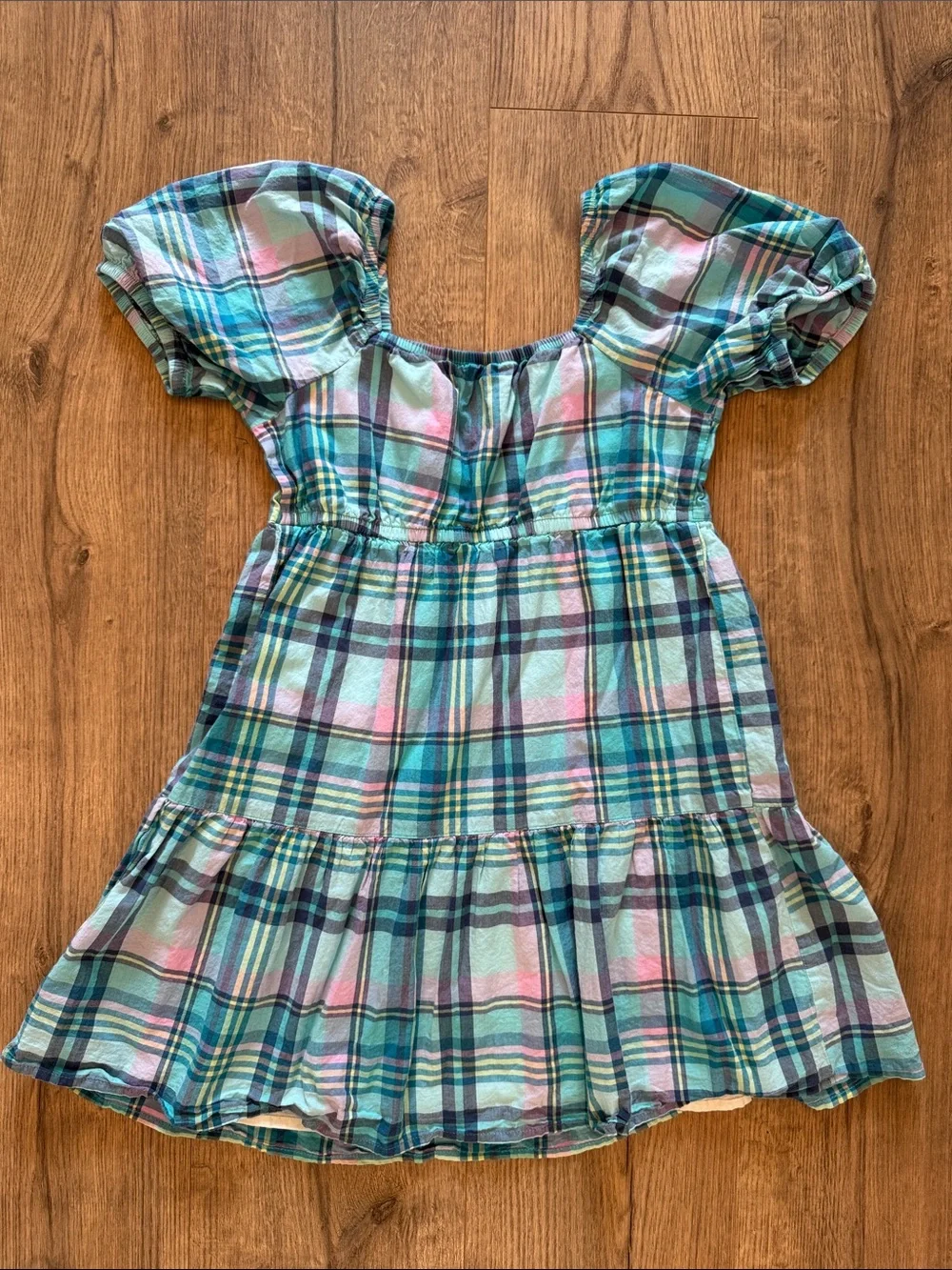 Girls Plaid Puff-Sleeve Dress in Pastel Blue and Pink